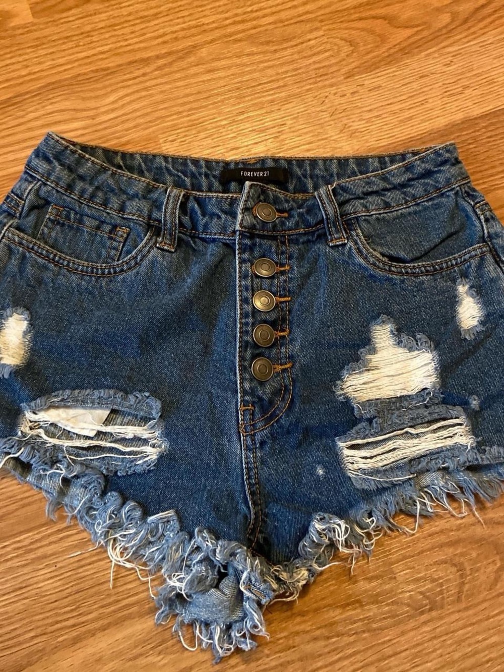 Forever 21 Dark Blue Distressed High-Rise Button-Fly Denim Shorts